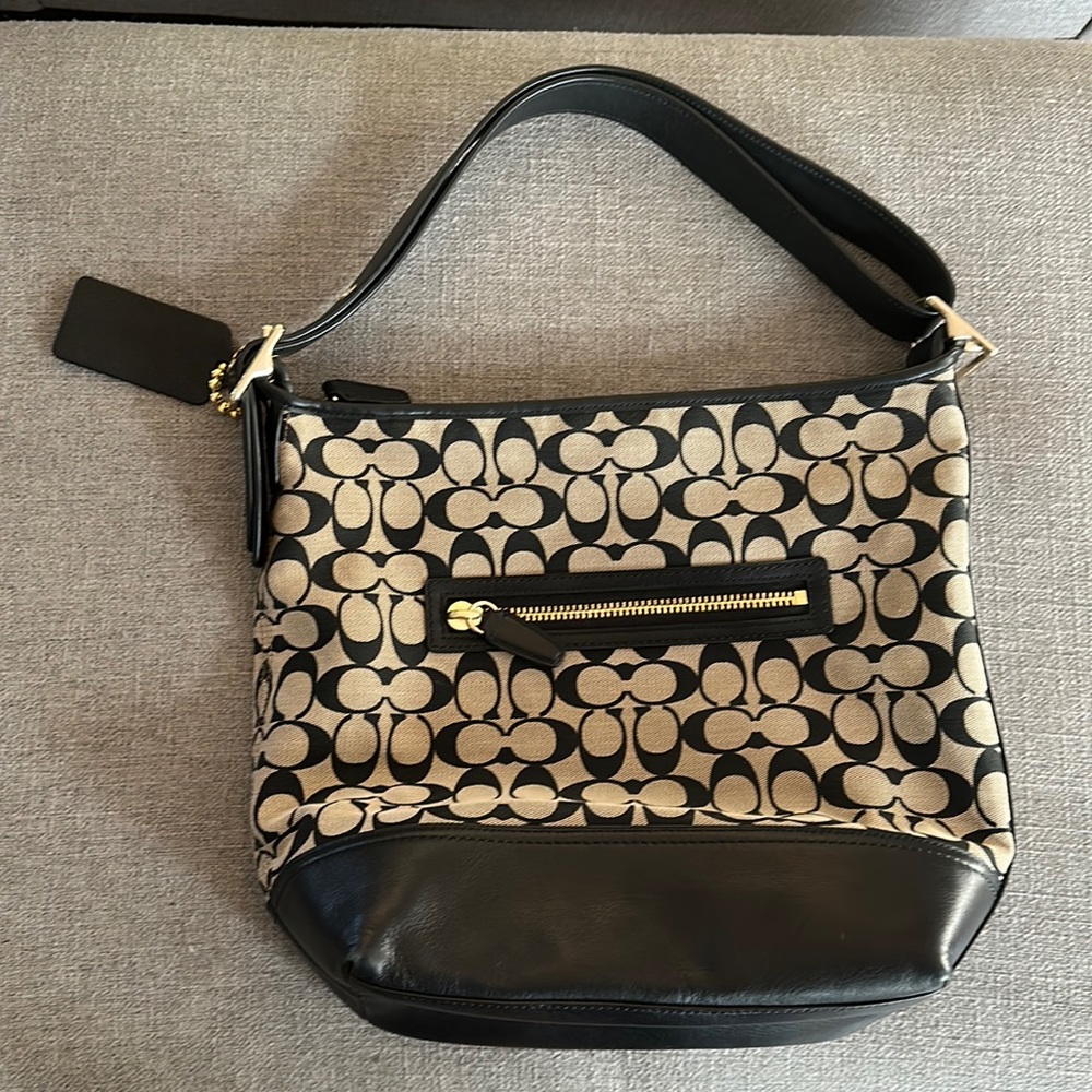 Coach Shoulder Bag Signature C Tan Canvas with Black Leather